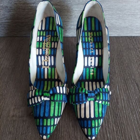 Vintage 1950's Herbert Levine Blue, Green & White Bow Pointy Pumps 7.5AA - Picture 3 of 10
